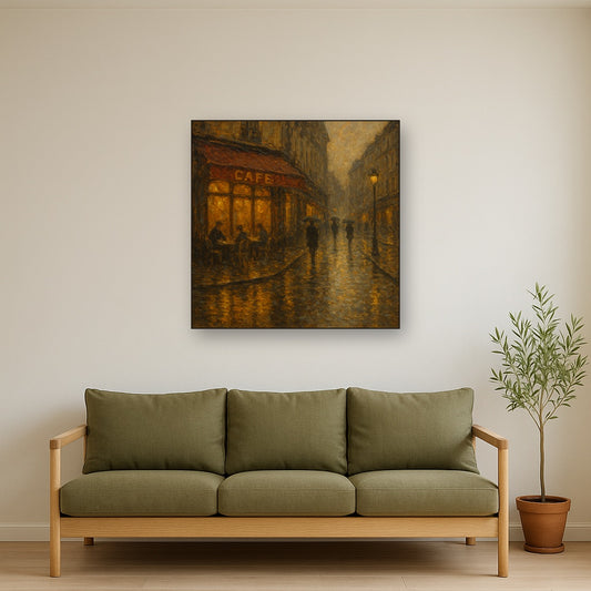 Parisian Cafe Rain Reflections No. 5 Oil Painting - Styled in Modern Living Room