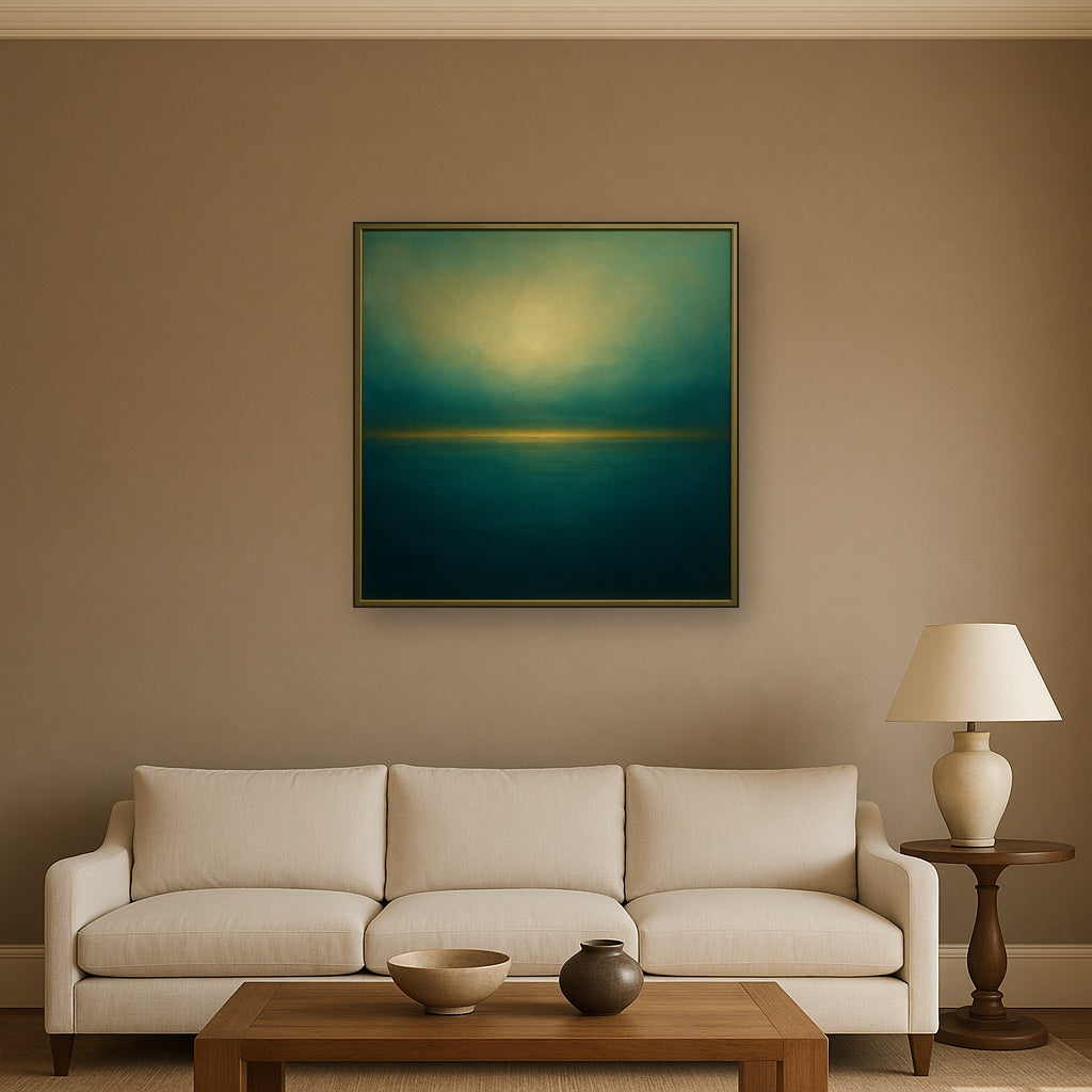 Peacock Teal & Champagne Gold Horizon No. 16 Oil Painting - View 2