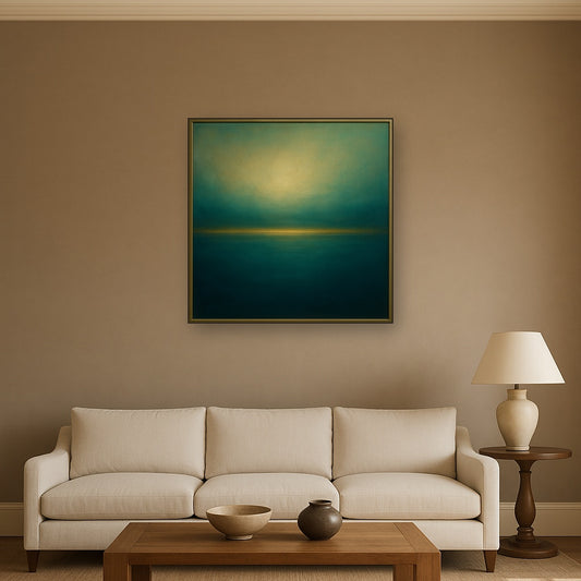 Peacock Teal & Champagne Gold Horizon No. 16 Oil Painting - View 2