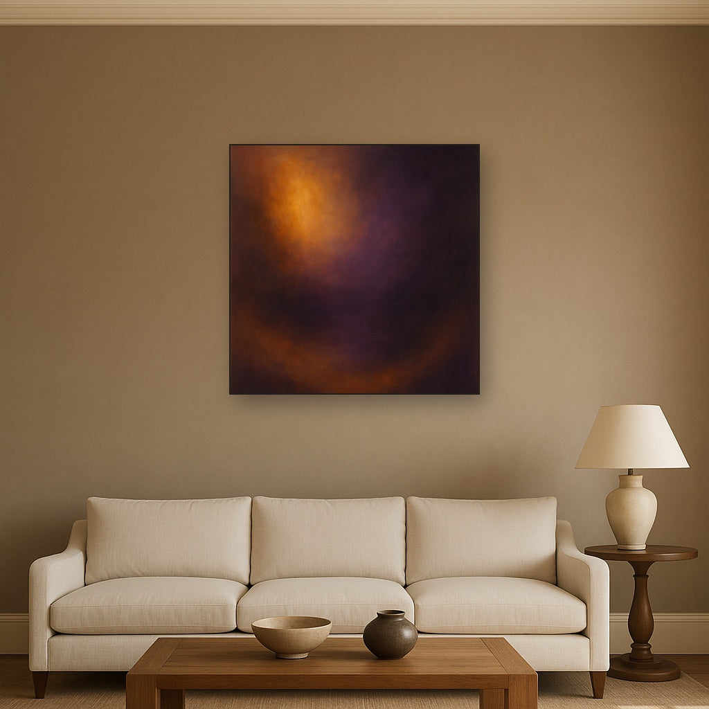 Burnt Amber & Velvet Amethyst Atmosphere No. 11 Oil Painting Staged Above Sectional Sofa in Living Room, Hand Painted Canvas Wall Art for Home Decor