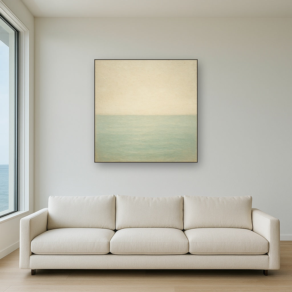 Atmospheric Coastal Horizon Oil Painting - Styled in Modern Living Room