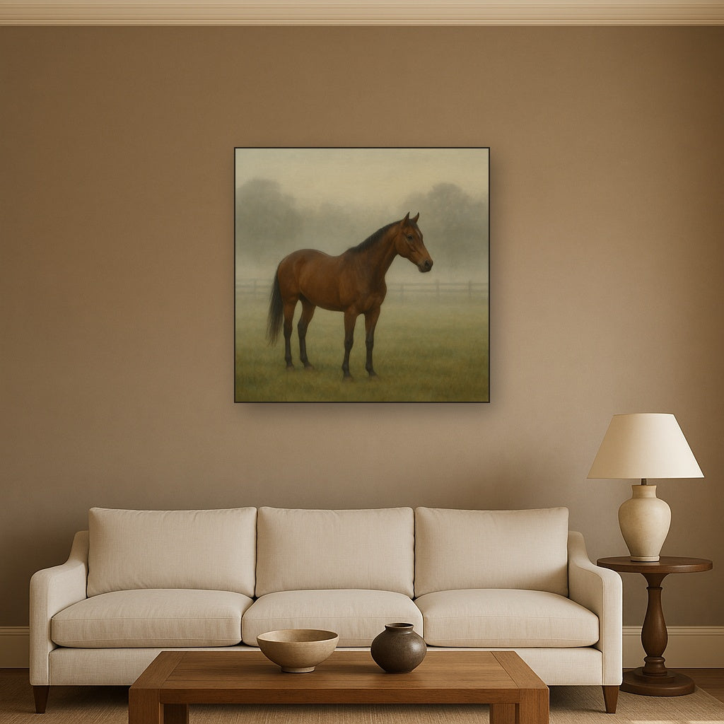 Thoroughbred in Morning Pasture Mist No. 16 Oil Painting - View 2