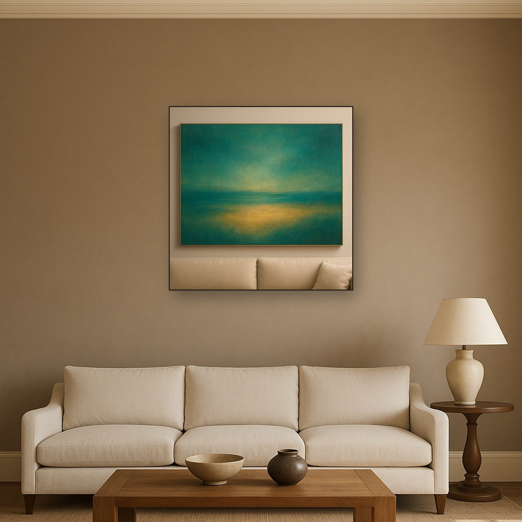 Peacock Teal & Champagne Gold Horizon No. 5 Oil Painting Staged Above Sectional Sofa in Living Room, Hand Painted Canvas Wall Art for Home Decor