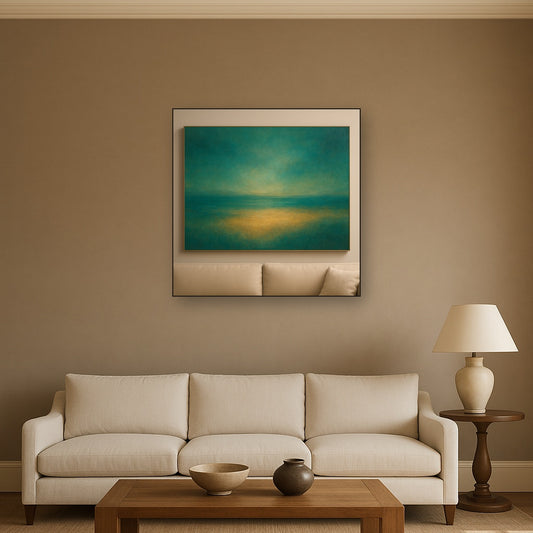 Peacock Teal & Champagne Gold Horizon No. 5 Oil Painting Staged Above Sectional Sofa in Living Room, Hand Painted Canvas Wall Art for Home Decor