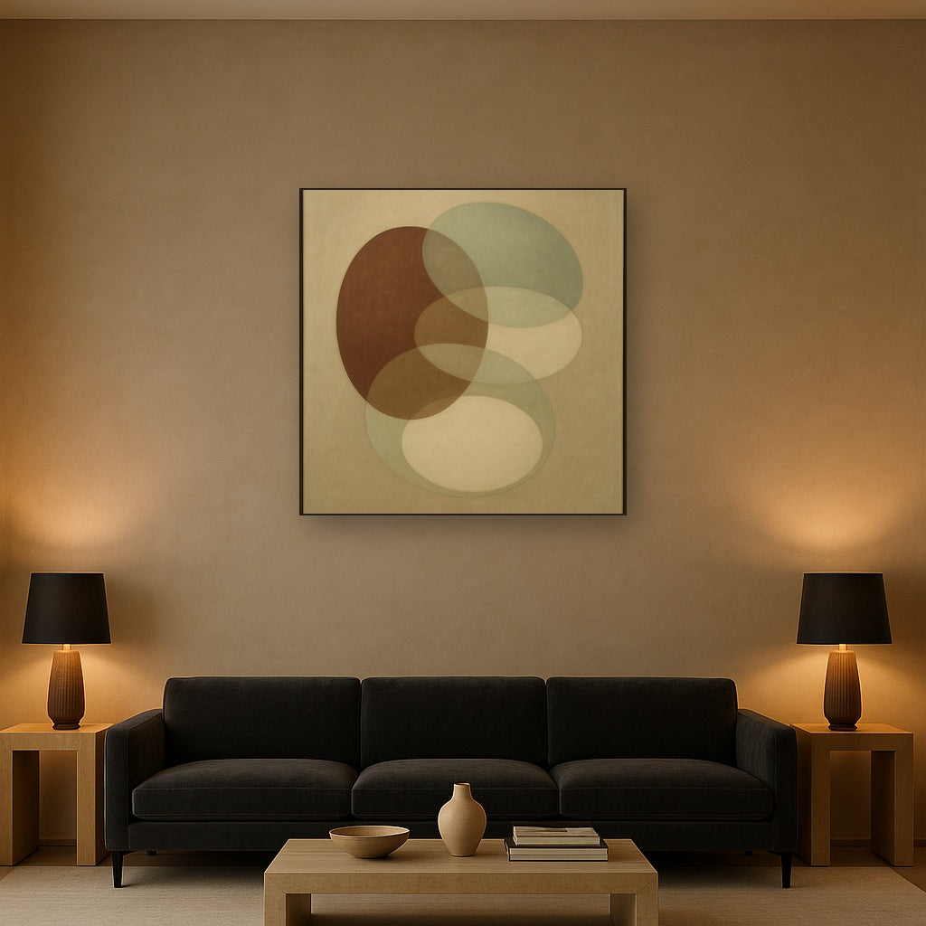Floating Ellipse Harmony in Walnut & Pale Sage No. 6 Oil Painting - View 2