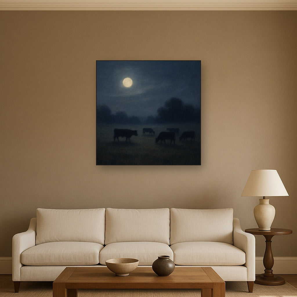 Moonlit Pastoral Meadow & Cattle Silhouettes No. 7 Oil Painting - View 2