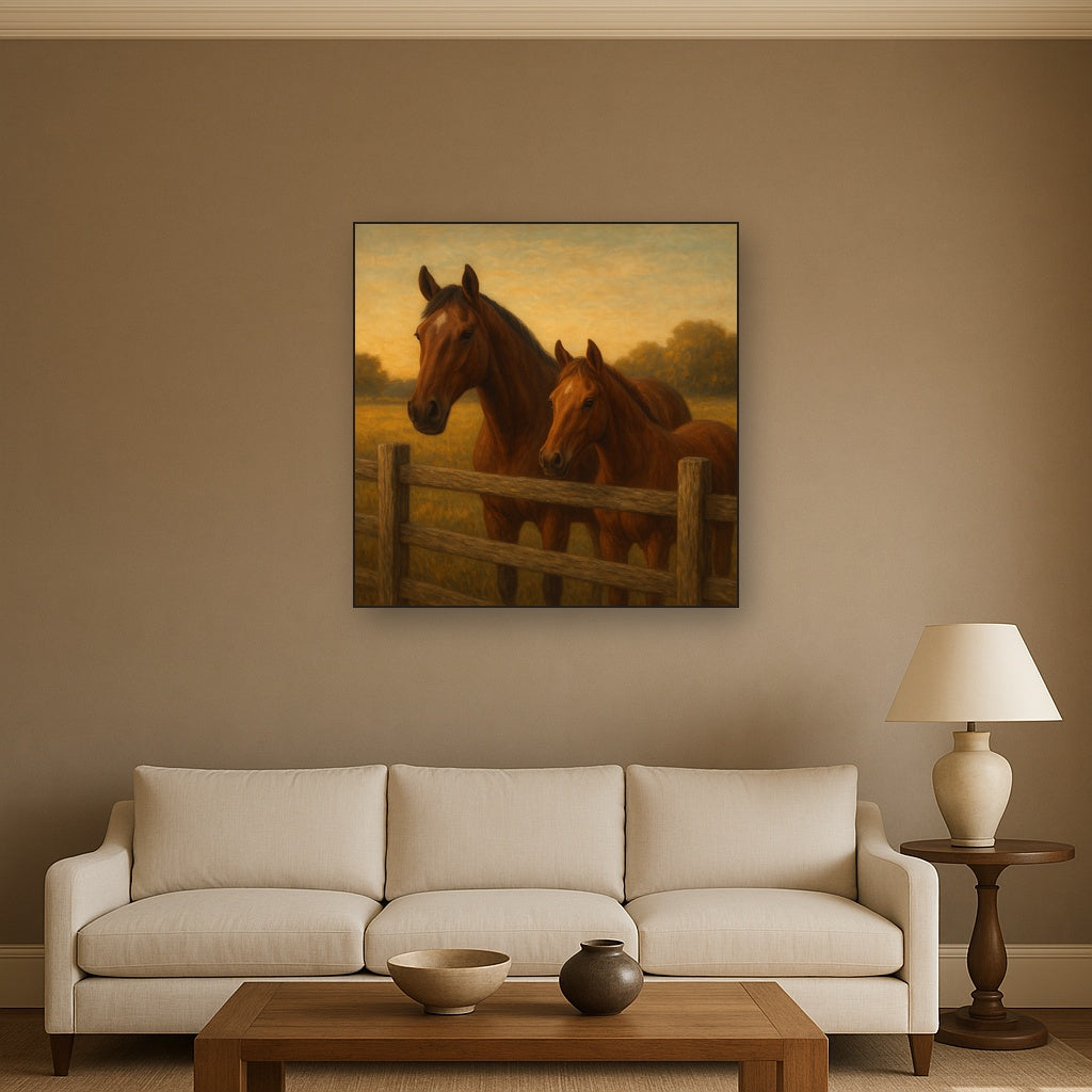 Two Horses at Rustic Post & Rail Fence No. 9 Oil Painting - View 2