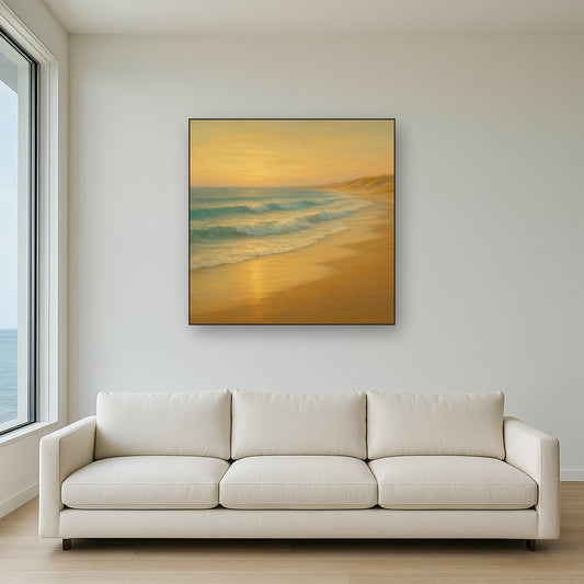 Gentle Breaking Waves & Wet Beach Reflection No. 10 Oil Painting Staged Above Sectional Sofa in Living Room, Hand Painted Canvas Wall Art for Home Decor