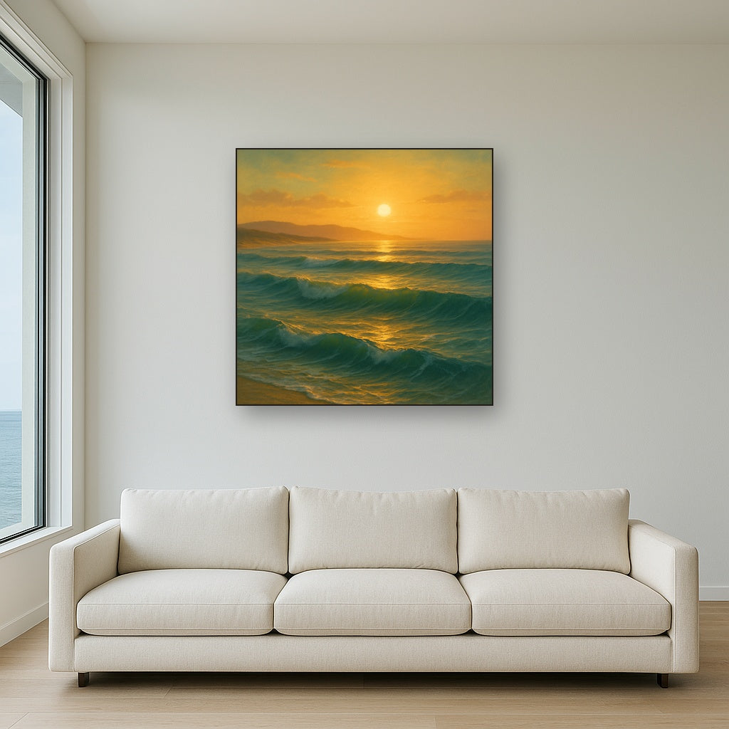 Golden Hour Sunlight on Ocean Swells No. 3 Oil Painting Staged Above Sectional Sofa in Living Room, Hand Painted Canvas Wall Art for Home Decor