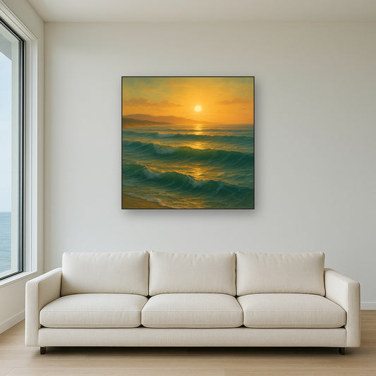 Golden Hour Sunlight on Ocean Swells No. 3 Oil Painting Staged Above Sectional Sofa in Living Room, Hand Painted Canvas Wall Art for Home Decor