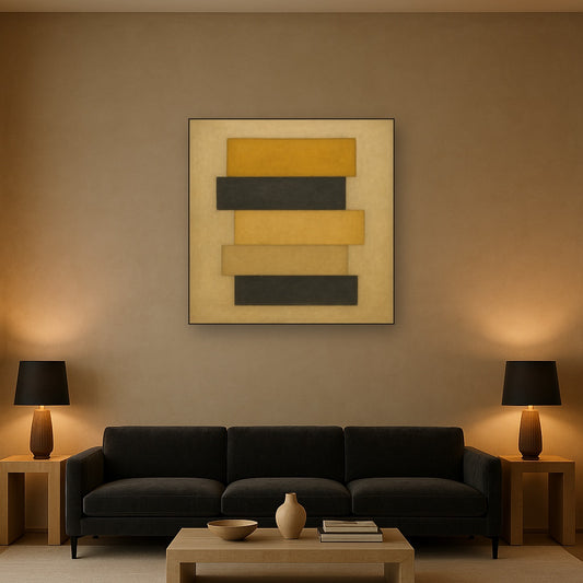Stacked Horizon Blocks in Mustard & Charcoal No. 5 Oil Painting - View 2