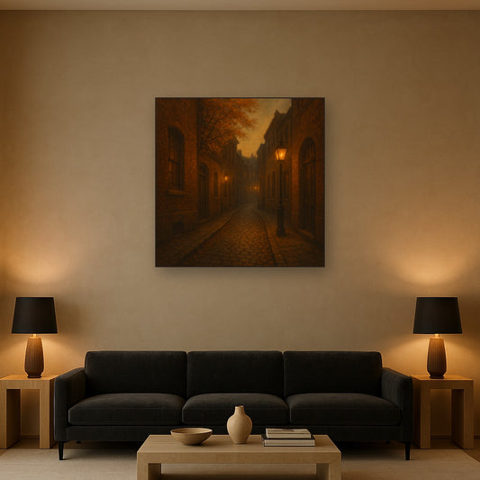London Gaslamp Alley in Autumn Dusk No. 20 Oil Painting Staged Above Sectional Sofa in Living Room, Hand Painted Canvas Wall Art for Home Decor