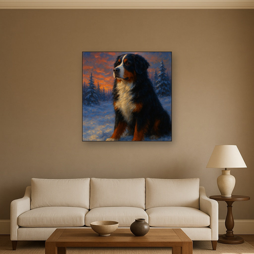 Bernese Mountain Dog in Winter Snowscape No. 13 Fine Art Oil Painting - View 2