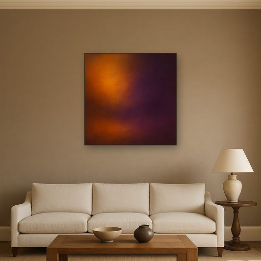 Burnt Amber & Velvet Amethyst Atmosphere No. 6 Oil Painting Staged Above Sectional Sofa in Living Room, Hand Painted Canvas Wall Art for Home Decor