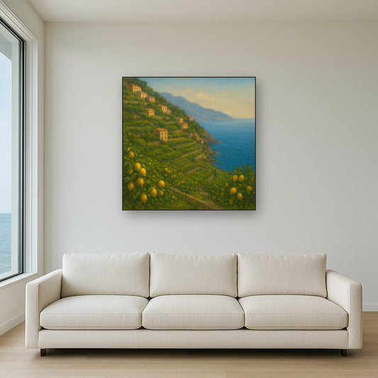 Italian Amalfi Coastline Terraces & Lemon Grove No. 17 Oil Painting Staged Above Sectional Sofa in Living Room, Hand Painted Canvas Wall Art for Home Decor