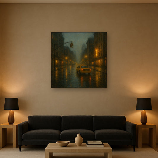Rain-Drenched Manhattan Avenue Lights No. 15 Oil Painting Staged Above Sectional Sofa in Living Room, Hand Painted Canvas Wall Art for Home Decor
