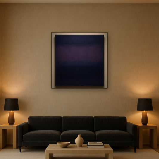 Deep Indigo & Midnight Plum Ambient Field No. 16 Oil Painting Staged Above Sectional Sofa in Living Room, Hand Painted Canvas Wall Art for Home Decor