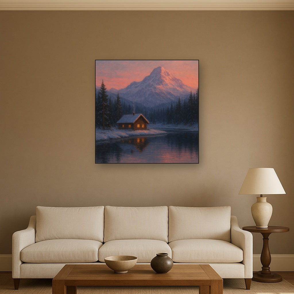 Winter Solstice Mountain Cabin Reflection No. 6 Oil Painting - View 2