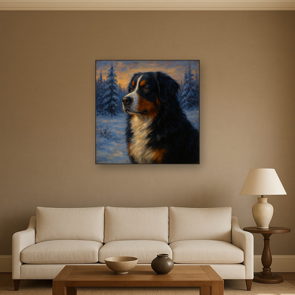 Bernese Mountain Dog in Winter Snowscape No. 3 Fine Art Oil Painting - View 2