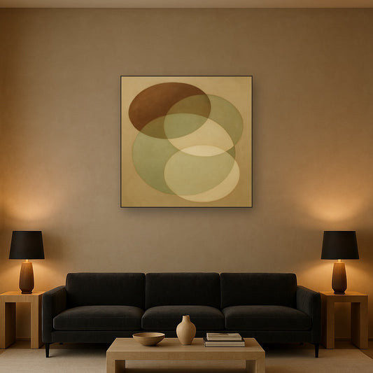 Floating Ellipse Harmony in Walnut & Pale Sage No. 15 Oil Painting Staged Above Sectional Sofa in Living Room, Hand Painted Canvas Wall Art for Home Decor