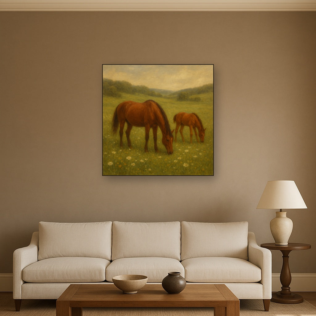 Mares & Foals Grazing in Rolling Meadow No. 6 Oil Painting - View 2