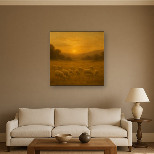 Sunset Grazing Flock in Golden Valley No. 8 Oil Painting Staged Above Sectional Sofa in Living Room, Hand Painted Canvas Wall Art for Home Decor