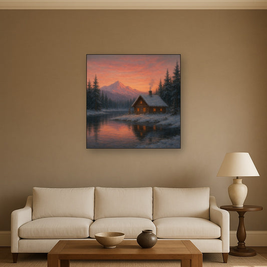 Winter Solstice Mountain Cabin Reflection Oil Painting Staged Above Sectional Sofa in Living Room, Hand Painted Canvas Wall Art for Home Decor