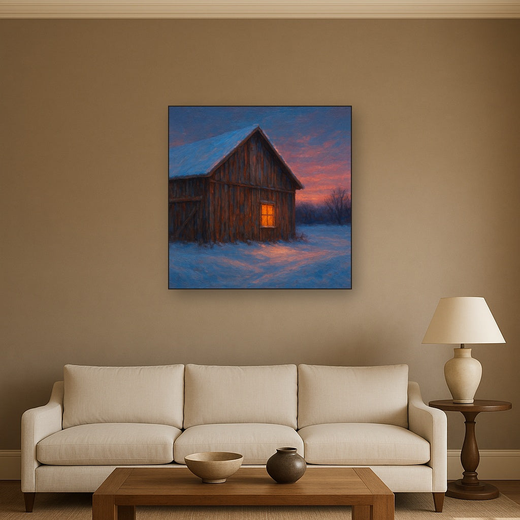 Rustic Wooden Barn in Quiet Winter Twilight No. 7 Fine Art Oil Painting - View 2