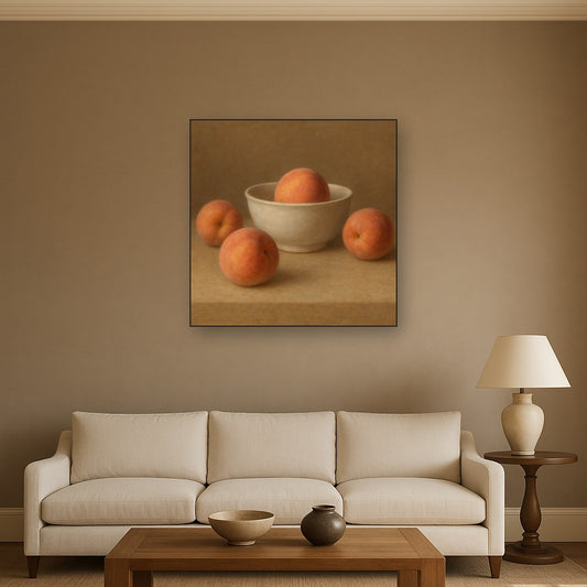 Heirloom Peaches & White Ceramic Bowl No. 8 Oil Painting Staged Above Sectional Sofa in Living Room, Hand Painted Canvas Wall Art for Home Decor