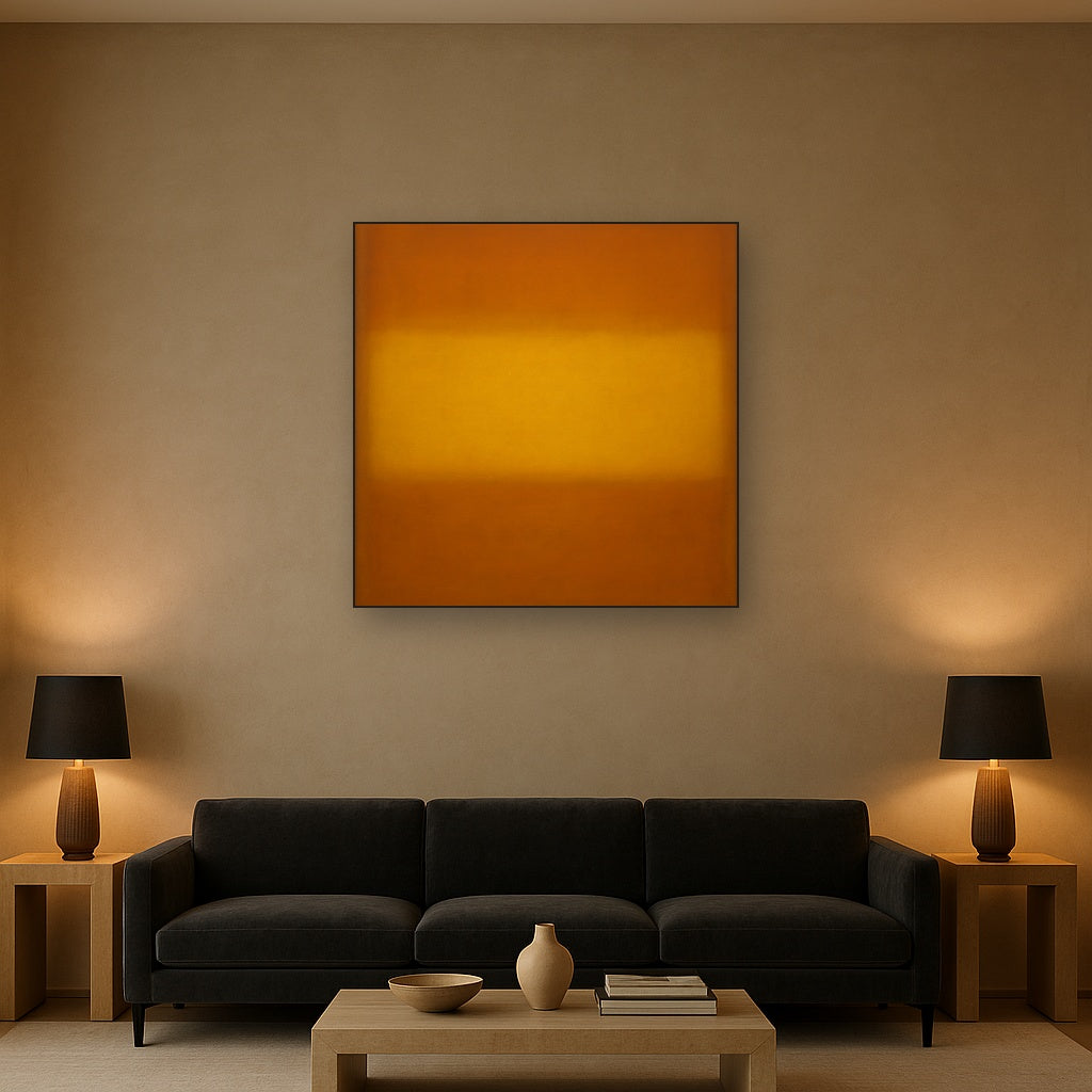 Warm Amber & Raw Sienna Sunset Meditation No. 27 Oil Painting Staged Above Sectional Sofa in Living Room, Hand Painted Canvas Wall Art for Home Decor