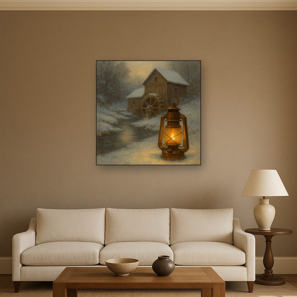 Snowy Mill Stream & Glowing Lantern No. 2 Oil Painting - View 2