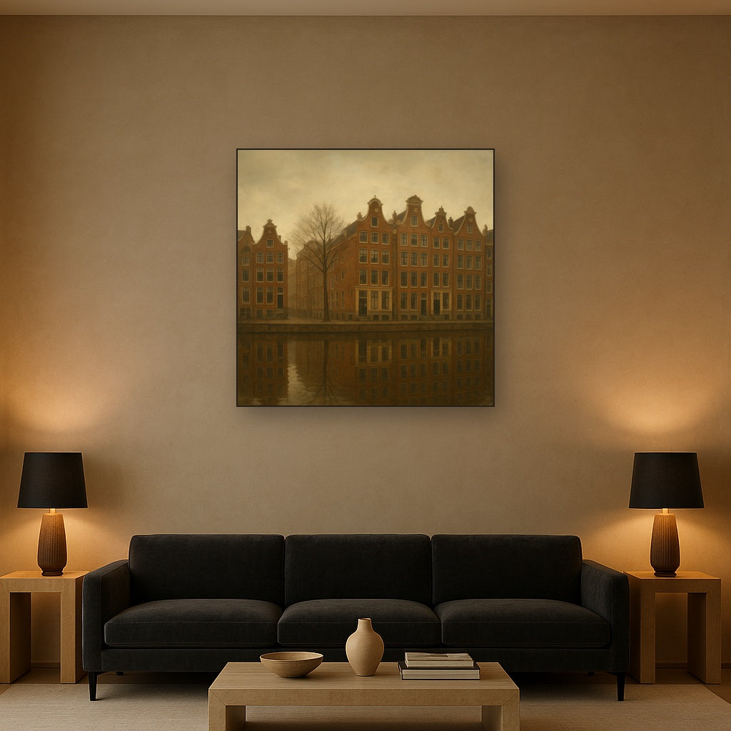 Amsterdam Canal Houses Under Overcast Sky No. 18 Oil Painting Staged Above Sectional Sofa in Living Room, Hand Painted Canvas Wall Art for Home Decor