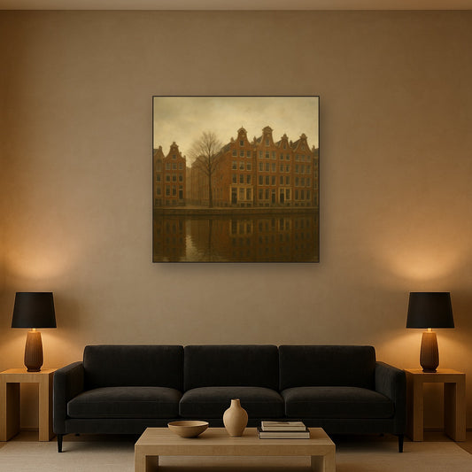 Amsterdam Canal Houses Under Overcast Sky No. 18 Oil Painting Staged Above Sectional Sofa in Living Room, Hand Painted Canvas Wall Art for Home Decor