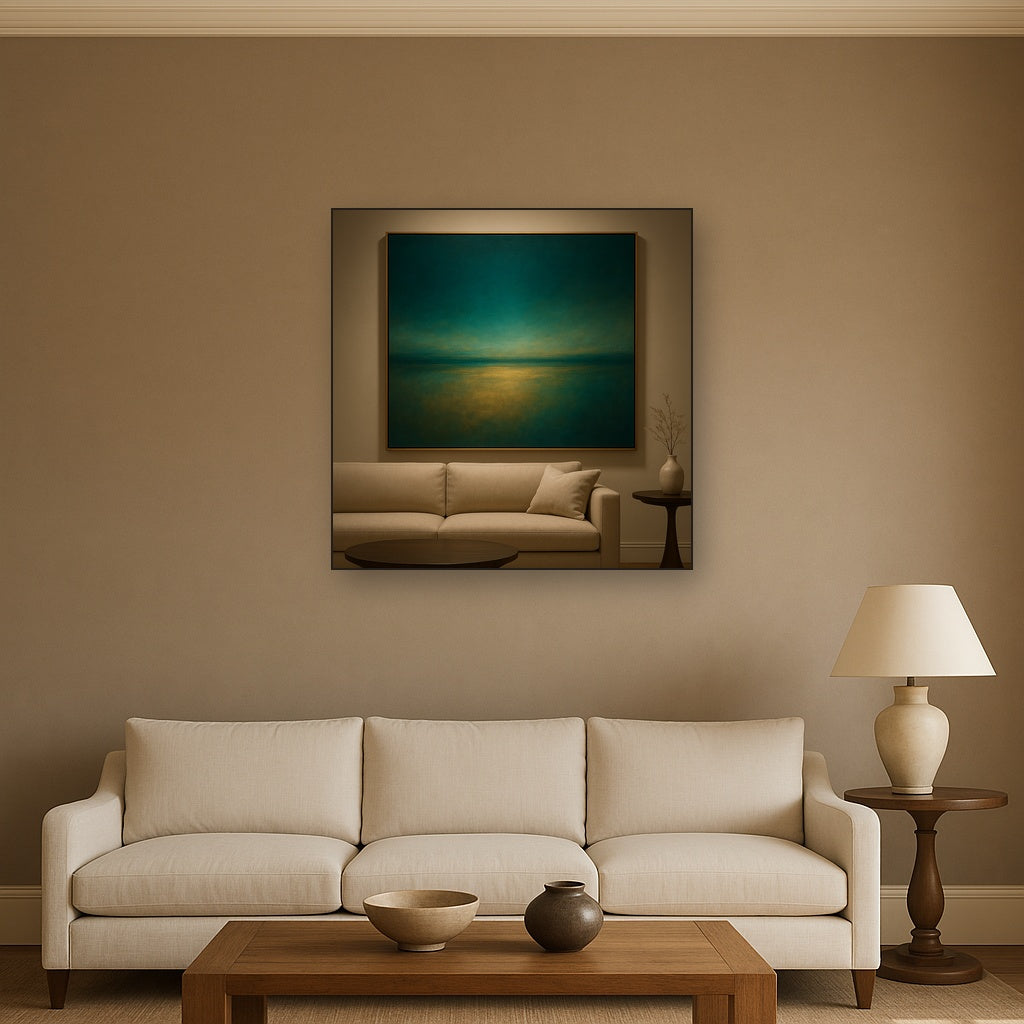 Peacock Teal & Champagne Gold Horizon No. 2 Oil Painting Staged Above Sectional Sofa in Living Room, Hand Painted Canvas Wall Art for Home Decor