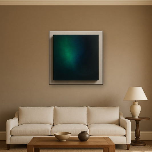 Emerald & Midnight Sapphire Sfumato Immersion No. 5 Oil Painting Staged Above Sectional Sofa in Living Room, Hand Painted Canvas Wall Art for Home Decor