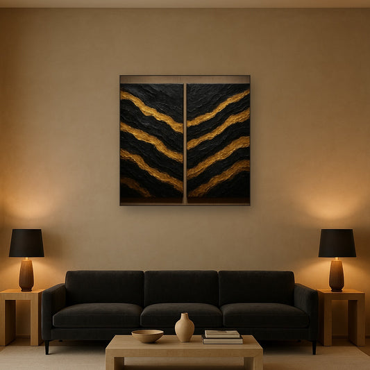 Basalt & Gold Mineral Diptych Oil Painting - Styled in Modern Living Room
