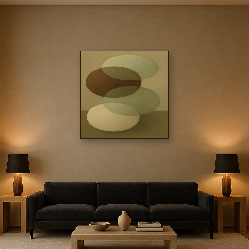 Floating Ellipse Harmony in Walnut & Pale Sage No. 16 Oil Painting Staged Above Sectional Sofa in Living Room, Hand Painted Canvas Wall Art for Home Decor