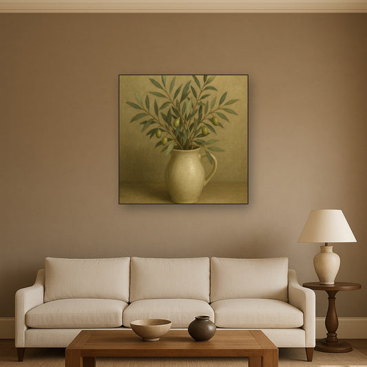 Wild Olive Sprigs in Stoneware Pitcher No. 5 Oil Painting Staged Above Sectional Sofa in Living Room, Hand Painted Canvas Wall Art for Home Decor