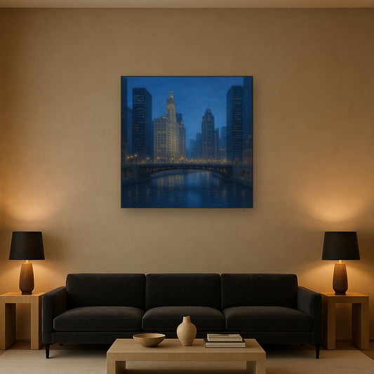 Chicago Riverfront Architecture at Blue Hour No. 11 Oil Painting - View 2