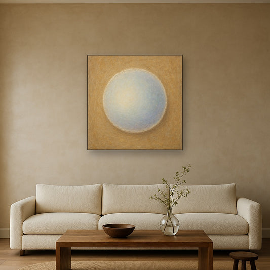 Contemplative Moonstone Minimalist Oil Painting - Styled in Modern Living Room