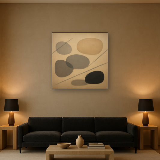 Organic Pebble Contours & Slanted Lines No. 21 Oil Painting Staged Above Sectional Sofa in Living Room, Hand Painted Canvas Wall Art for Home Decor