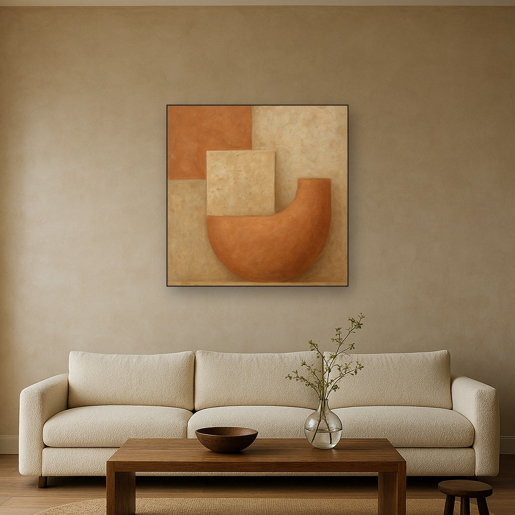 Earthy Terracotta & Weathered Plaster Wash No. 19 Oil Painting Staged Above Sectional Sofa in Living Room, Hand Painted Canvas Wall Art for Home Decor