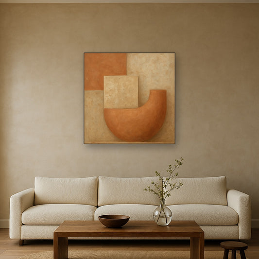 Earthy Terracotta & Weathered Plaster Wash No. 19 Oil Painting Staged Above Sectional Sofa in Living Room, Hand Painted Canvas Wall Art for Home Decor