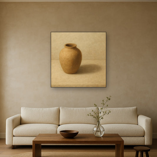 Organic Clay Vessel & Solitary Shadow No. 23 Oil Painting Staged Above Sectional Sofa in Living Room, Hand Painted Canvas Wall Art for Home Decor