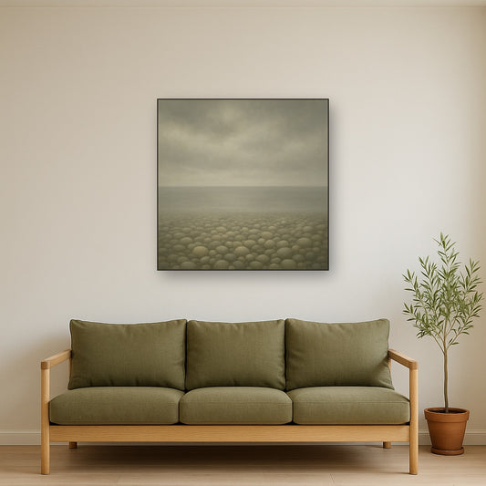 Overcast Coastal Fog & Wet Pebble Shingle No. 22 Oil Painting Staged Above Sectional Sofa in Living Room, Hand Painted Canvas Wall Art for Home Decor