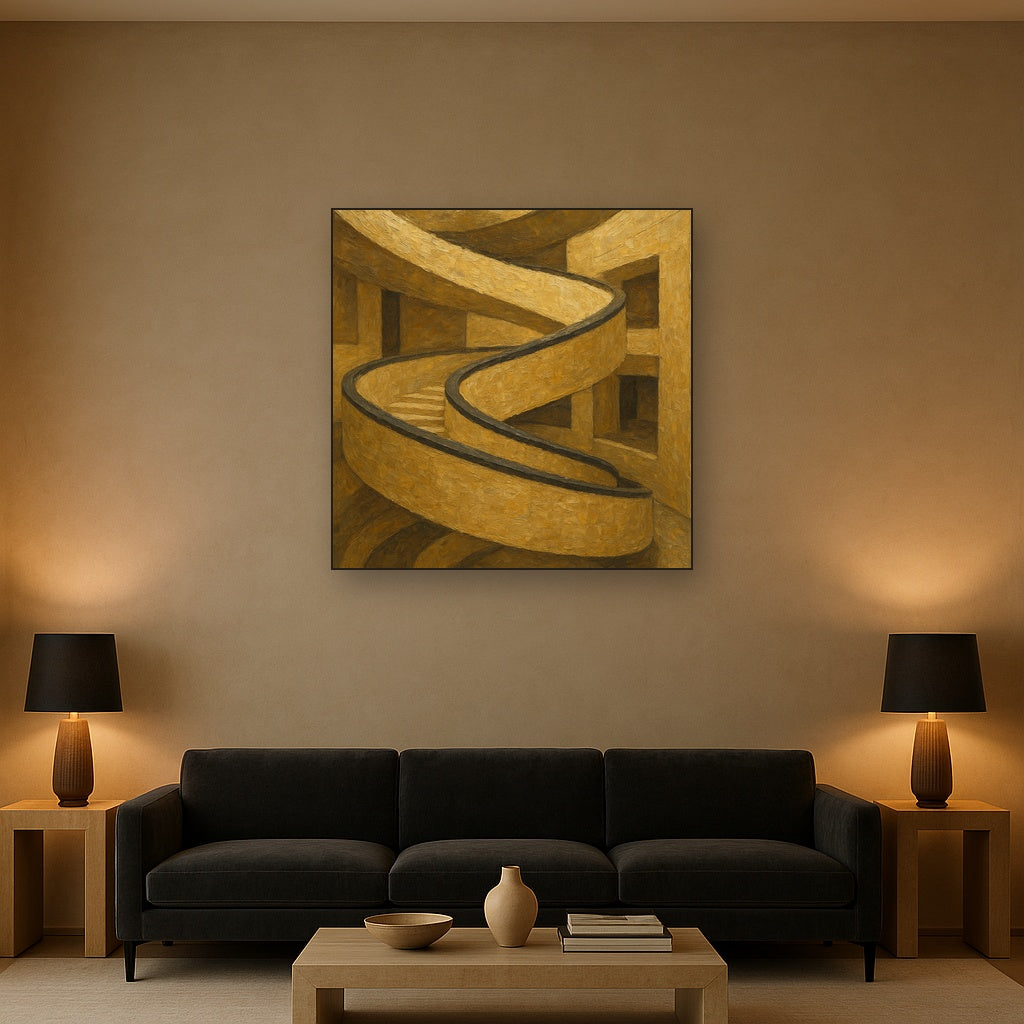 Travertine Spiral Atrium Perspective No. 2 Oil Painting - Styled in Modern Living Room