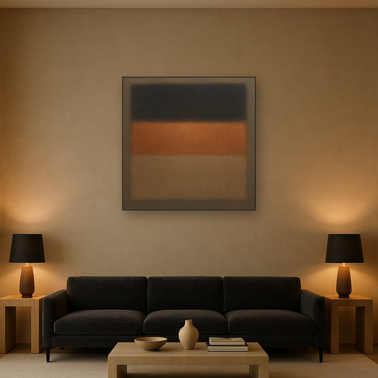 Charcoal Slate & Burnished Copper Horizon No. 11 Oil Painting Staged Above Sectional Sofa in Living Room, Hand Painted Canvas Wall Art for Home Decor