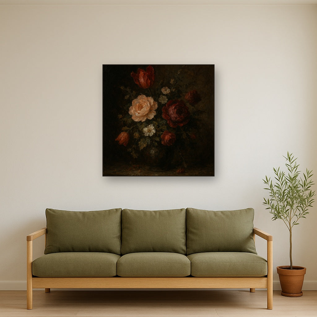 Dutch Golden Age Moody Floral Still Life No. 4 Oil Painting - Styled in Modern Living Room