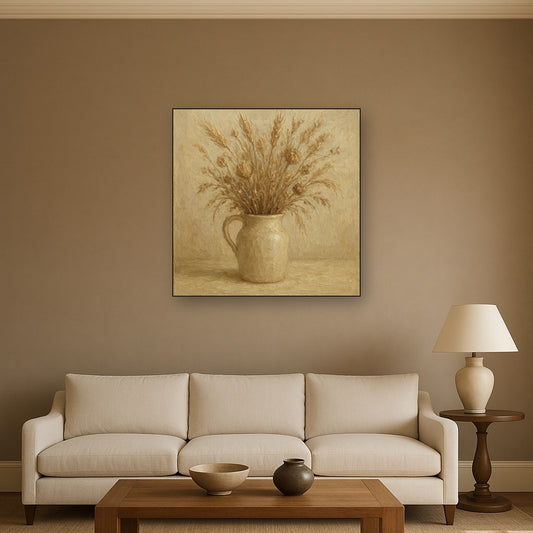Wild Meadow Botanicals in Neutral Ceramic No. 5 Oil Painting - Styled in Modern Living Room