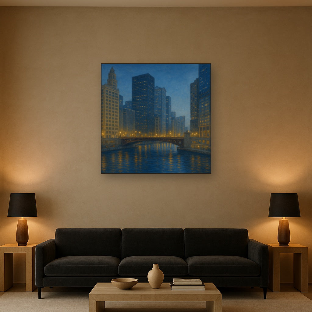 Chicago Riverfront Architecture at Blue Hour No. 7 Oil Painting - View 2